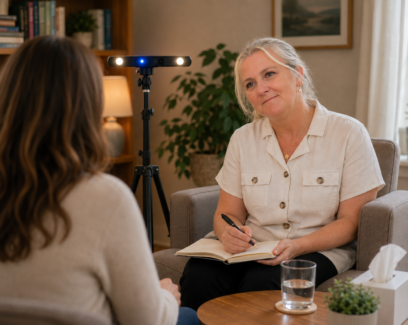 Mette Louise Husby, EMDR-terapeut, i samtale under et hjemmebesøk